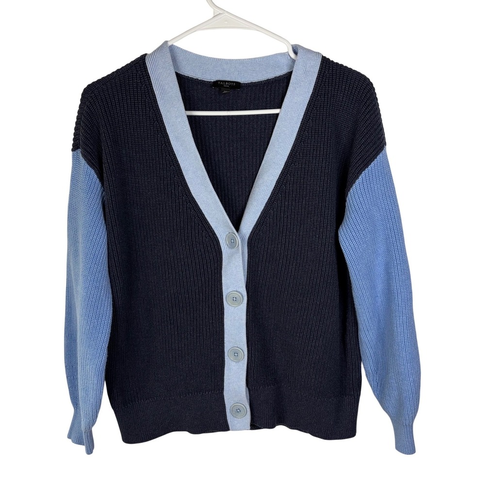 Talbots Petite LP Pima Cotton Cardigan Sweater Navy Blue Light Blue Button Front